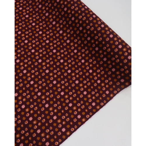 Tecido Viscose Texturizada Pontos Geométricos Caramelo, Rosa e Borgonha