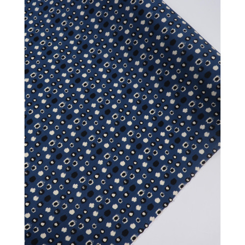 Tecido Viscose Texturizada Pontos Geométricos Offwhite, Preto e Azul Petróleo