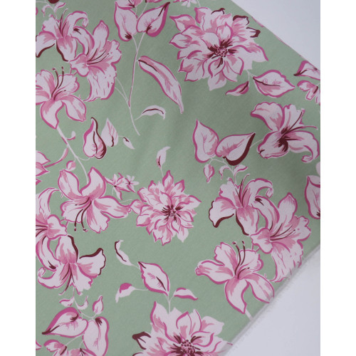 Tecido Linho Misto Macro Ramos Florais Rosa e Pistache (1.7m)