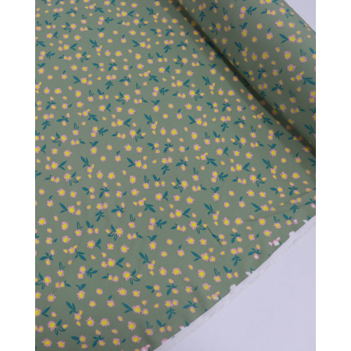 Tecido Viscose Tapete Floral Amarelo, Rosa e Tons de Verde