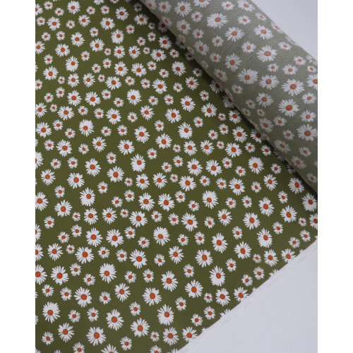 Tecido Viscose Multi Margaridas Branco e Verde Oliva