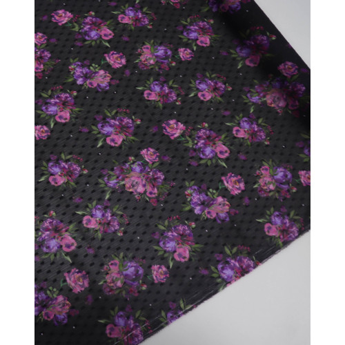 Tecido Crepe Chiffon Italiano Brocado Buquê Floral Tons de Lilás e Preto
