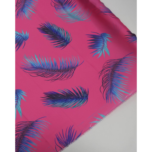 Tecido Crepe Silk Italiano Macro Folhas Tons de Azul e Rosa