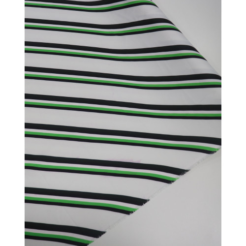 Tecido Crepe Silk Italiano Listras Diagonais Verde, Preto e Branco