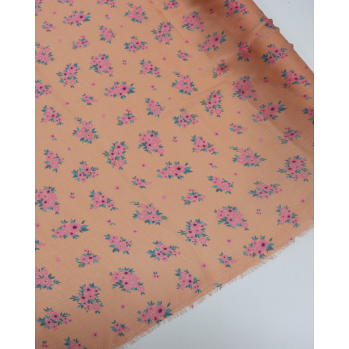 Tecido Crepe Chiffon Italiano Texturizado Buquê Floral Rosa, Verde e Laranja