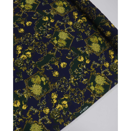 Tecido Crepe Silk Italiano Floral Boho Verde, Amarelo e Azul Marinho