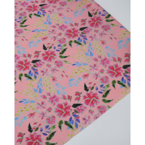 Tecido Crepe Silk Italiano Pintura Floral Abstrata Colorida e Rosa