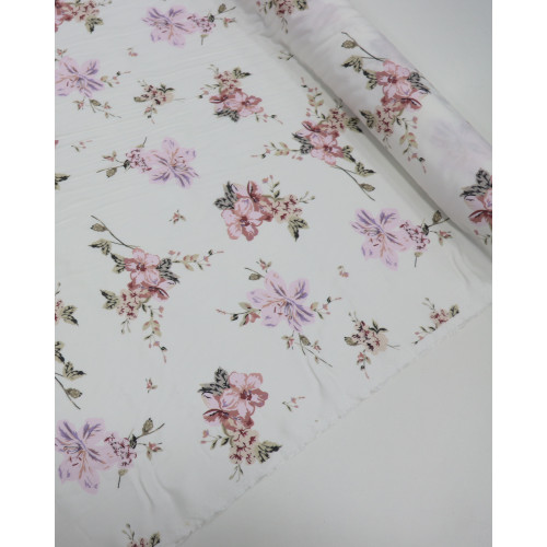 Tecido Viscose Sarjada Italiano Buquê Floral Tons de Rosa e Branco