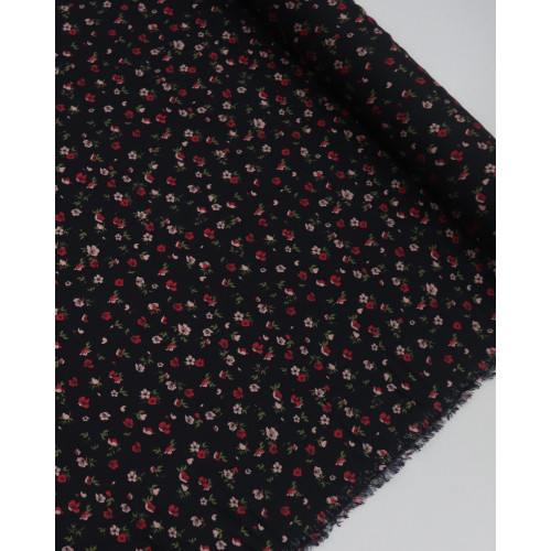 Tecido Viscose Sarjada Italiano Micro Flores Vermelho, Rosa e Preto