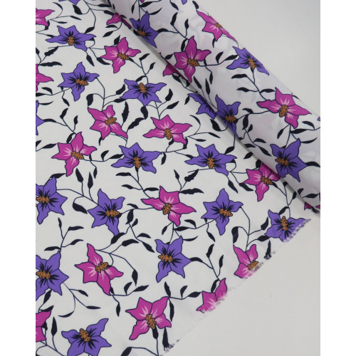 Tecido Crepe Koshibo Leve Italiano Ramos Florais Rosa, Lilás e Branco