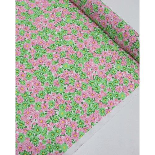 Tecido Crepe de Viscose Italiano Tapete Floral Verde, Rosa e Branco