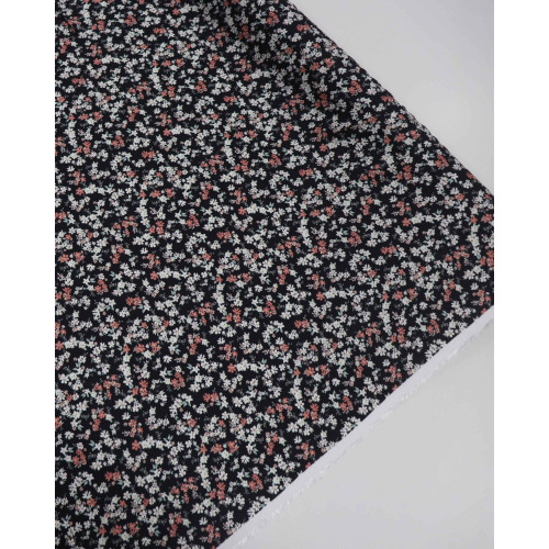 Tecido Viscose Sarjada Italiano Micro Tapete Floral Colorido e Preto