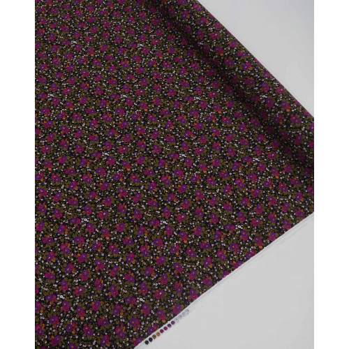 Tecido Crepe de Viscose Italiano Micro Tapete Floral e Ramos Roxo, Bege e Preto