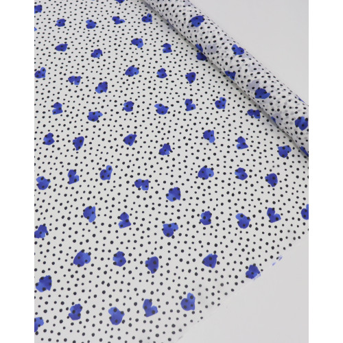 Tecido Crepe Chiffon Italiano Micro Poá e Pingos Irregulares Azul, Preto e Branco