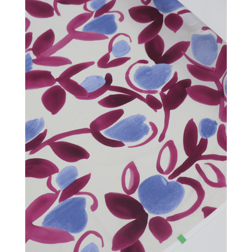Tecido Viscose Acetinada Italiano Macro Ramos Abstratos Azul, Roxo e Creme