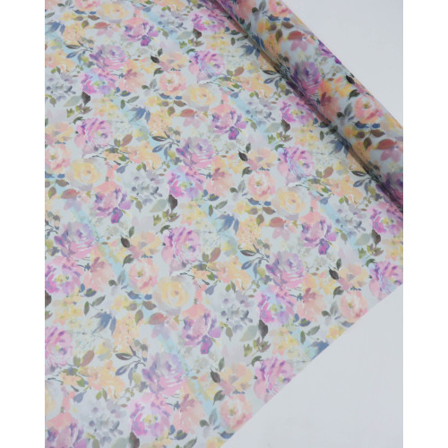 Tecido Crepe Chiffon Italiano Monet Floral e Listras Verticais Colorido e Tons de Azul