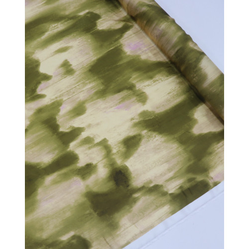 Tecido Viscose Acetinada Italiano Pintura Abstratas Verde Oliva e Bege
