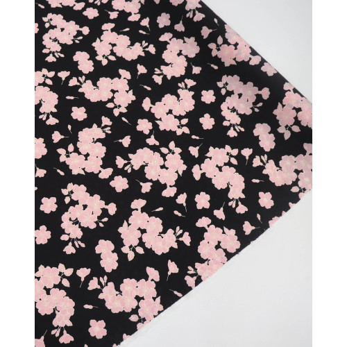 Tecido Crepe Acetinado Italiano Brocado Flor de Cerejeira Rosa e Preto