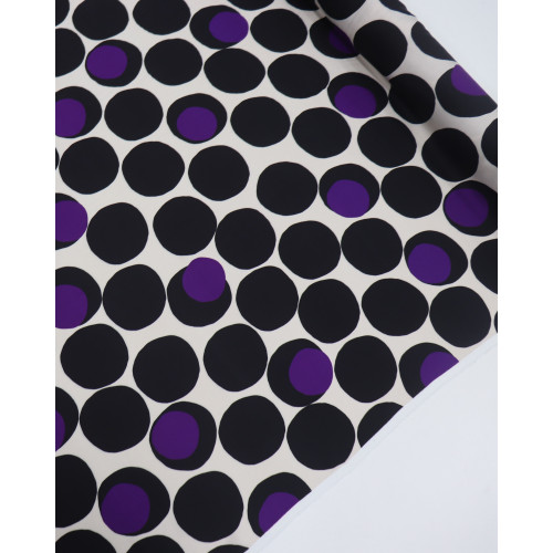 Tecido Viscose Acetinada Italiano Macro Poá Roxo, Preto e Creme