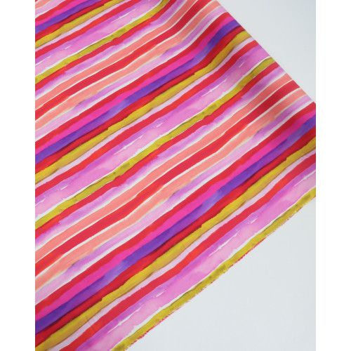 Tecido Viscose Italiano Listras em Aquarela Amarelo, Vermelho e Tons de Rosa