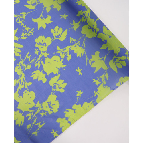 Tecido Viscose Italiano Estampa Floral Verde Neon e Azul