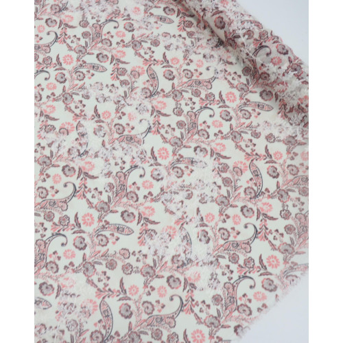 Tecido Crepe Chiffon Italiano Texturizado e Bordado Ramos em Cashmere Vermelho e Creme