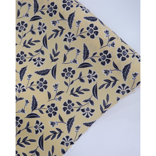 Tecido Crepe Koshibo Floral Étnico Preto e Amarelo Requinte
