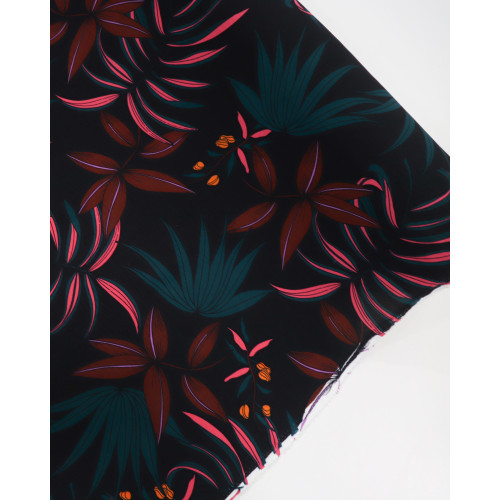 Tecido Crepe Koshibo Folhagens Diversas Rosa, Verde e Preto