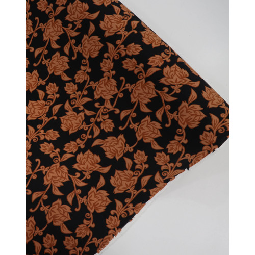 Tecido Crepe Koshibo Ramos e Flores Cobre e Preto