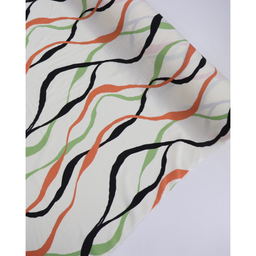 Tecido Viscose Texturizada Listras Onduladas Preto, Verde e Coral