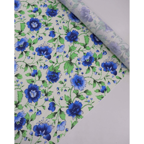 Tecido Viscose Italiano Flores Azuis, Verde e Creme