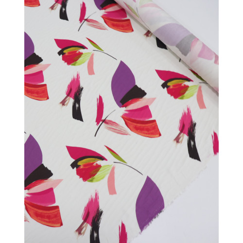 Tecido Viscose Italiano Pincelada Floral Colorido e Creme