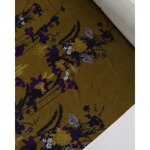 Tecido Veludo Italiano Leve Estampa Floral Oriental Tons de Roxo