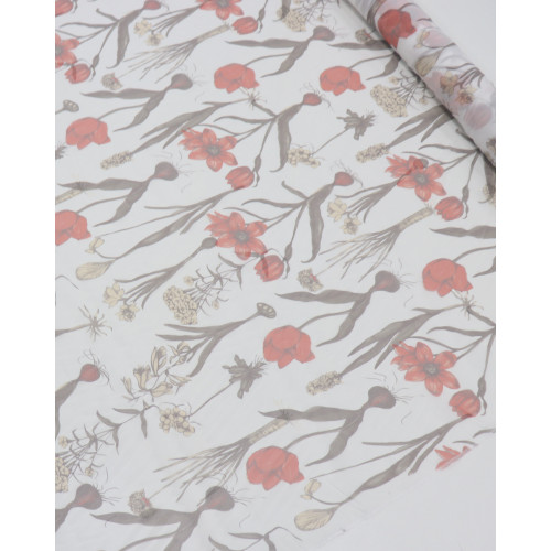 Tecido Crepe Chiffon Italiano Ramos Florais Vermelho, Creme e Branco