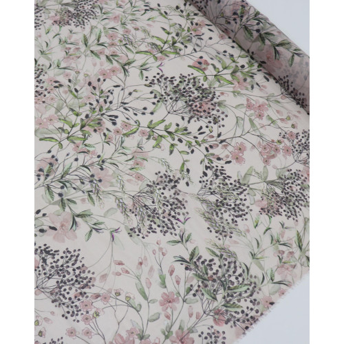 Tecido Crepe Chiffon Italiano Multi Ramos Florais Verde, Rosé e Nude