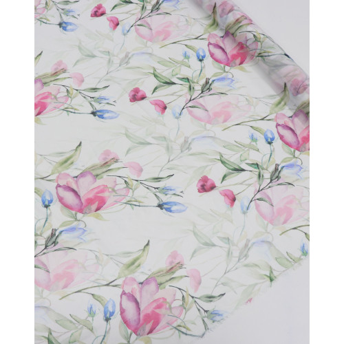 Tecido Crepe Chiffon Italiano Texturizado Macro Ramos Florais Colorido e Branco