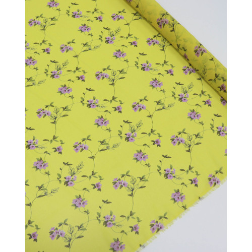 Tecido Crepe Chiffon Italiano Ramos Florais Lilás, Verde e Amarelo