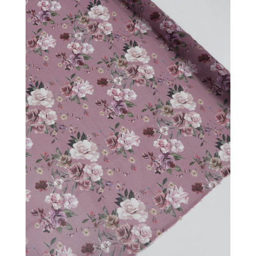 Tecido Crepe Chiiffon Italiano Buquê Floral Tons de Rosa e Framboesa