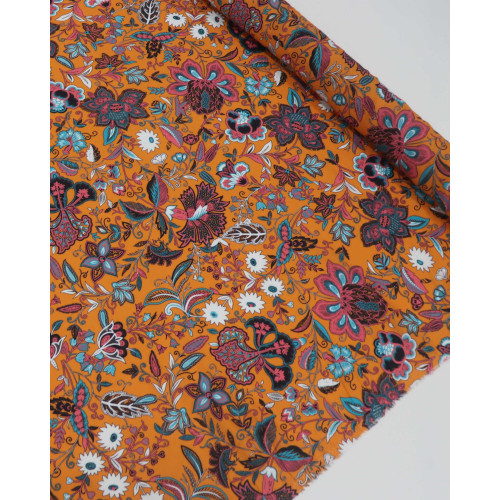 Tecido Viscose Fina Italiano Tapete Floral Colorido e Laranja
