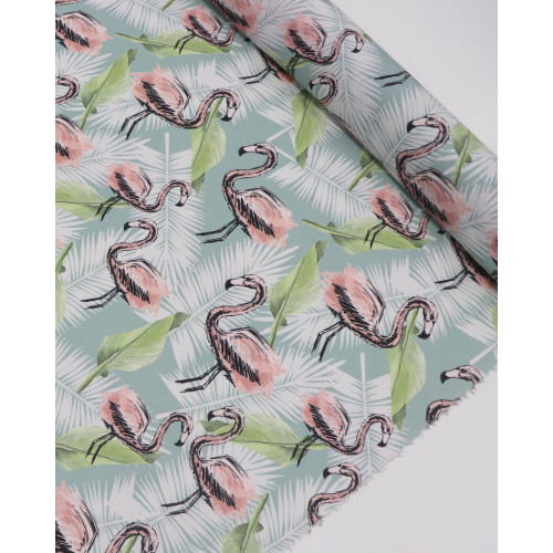 Tecido Tricoline Italiano Flamingos e Folhagens Verde, Branco e Rosa