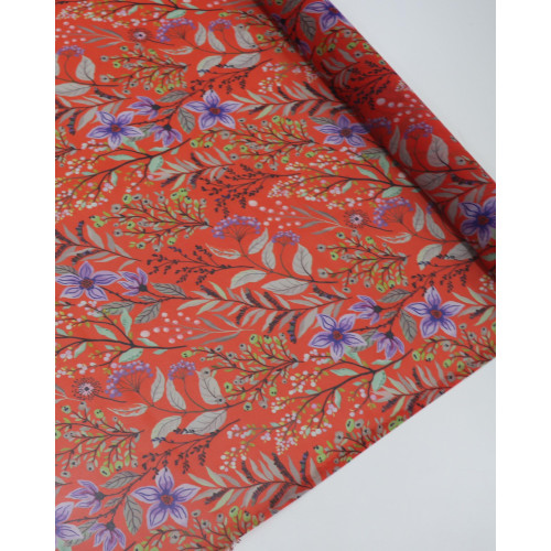 Tecido Crepe Chiffon Italiano Ramos Florais Lavanda e Vermelho