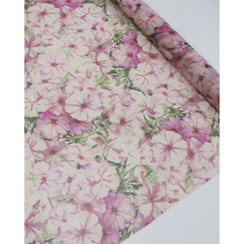 Tecido Crepe Chiffon Italiano Texturizado Tapete Floral Bege Claro e Rosa