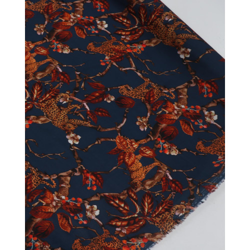 Tecido Viscose Italiano Estampada Selvagem Laranja e Azul Petróleo