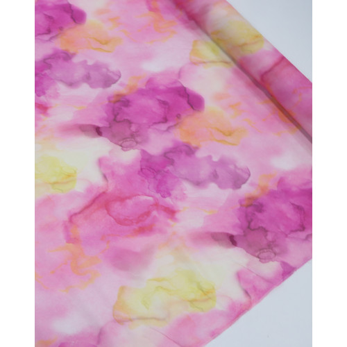 Tecido Viscose Italiano Pintura Abstrata Amarelo, Laranja e Rosa