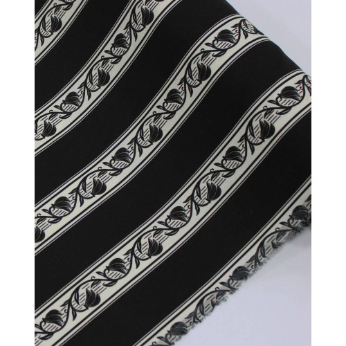 Tecido Linho Misto Rústico Premium Listras Florais Creme e Preto