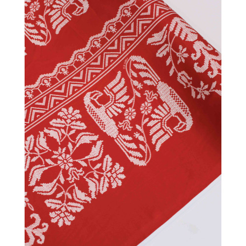 Tecido Viscose Premium Listras e Estampa Ponto Cruz Floral e Araras Branco e Vermelho