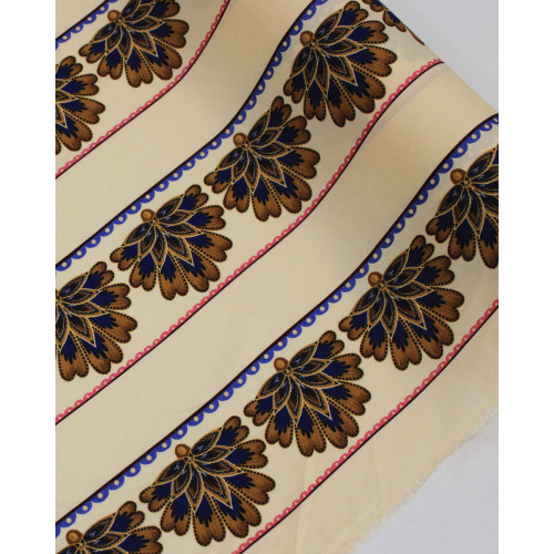 Tecido Viscose Premium Listras Estampadas Florais Caramelo, Azul e Creme