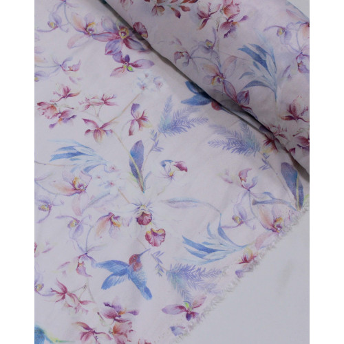 Tecido Viscose Premium Beija Flor e Flores Tons Pastéis