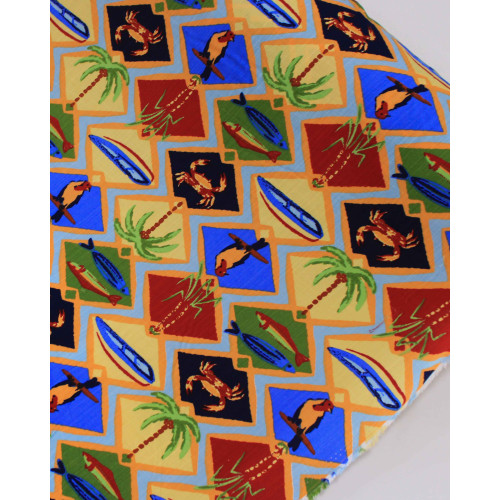 Tecido Viscose Texturizada Estampa Tropical em Recortes Colorido e Azul Bebê