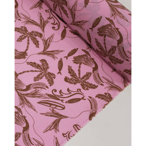 Tecido Viscose Estampa Tropical Marrom e Rosa